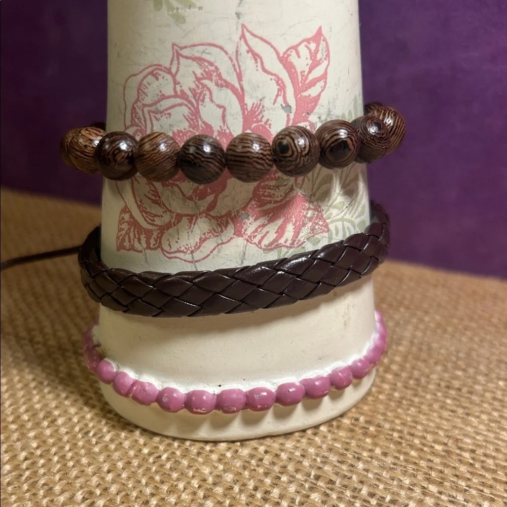 Wooden Bead and Braided Leather Bracelet Bundle (A)